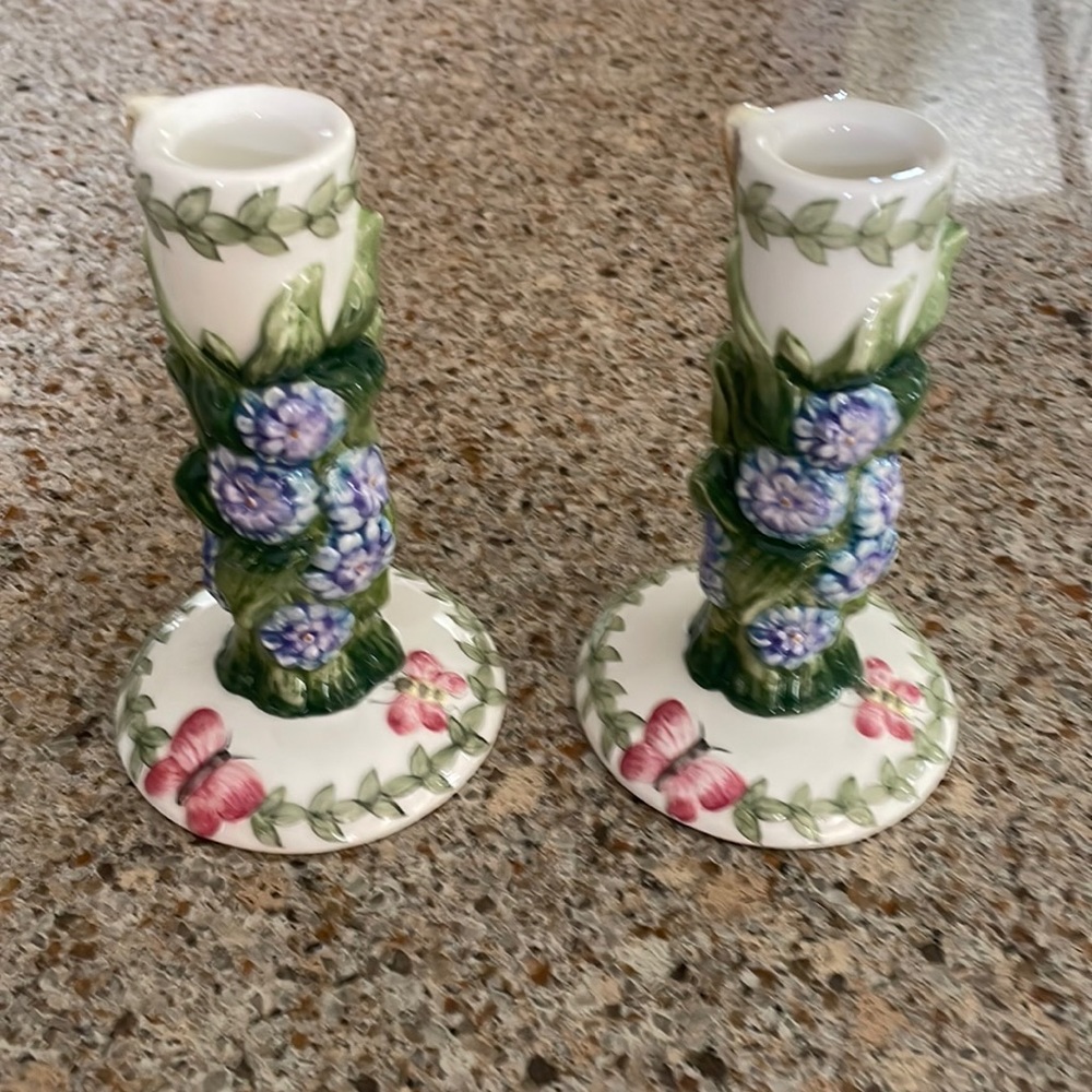 Portmeirion Floral Candle Holders - Green and Purple